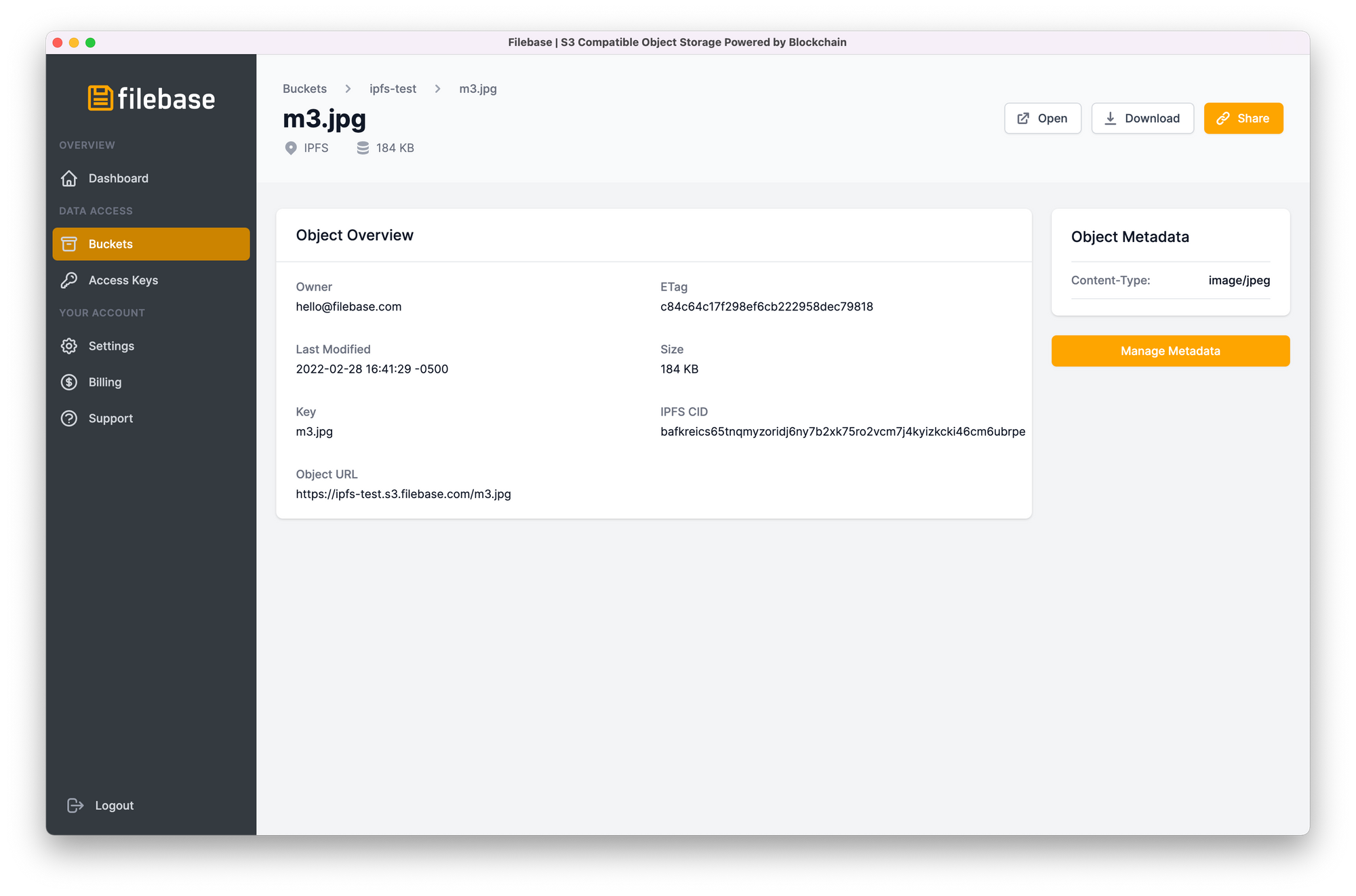 Screenshot of the Filebase dashboard showcasing the IPFS pinning interface.