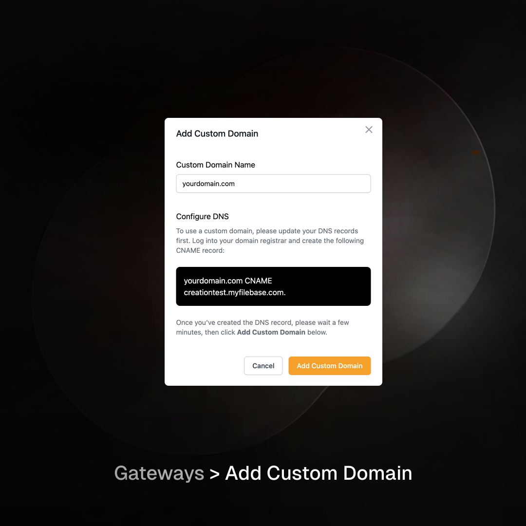 Add Custom Domain form with fields for domain name and DNS configuration details. Button to add custom domain.