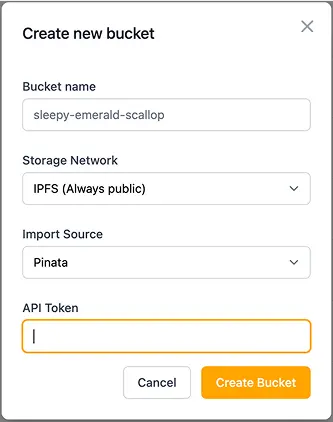 Screenshot of Filebase UI showing how to create a new IPFS bucket using Pinata as the import source.