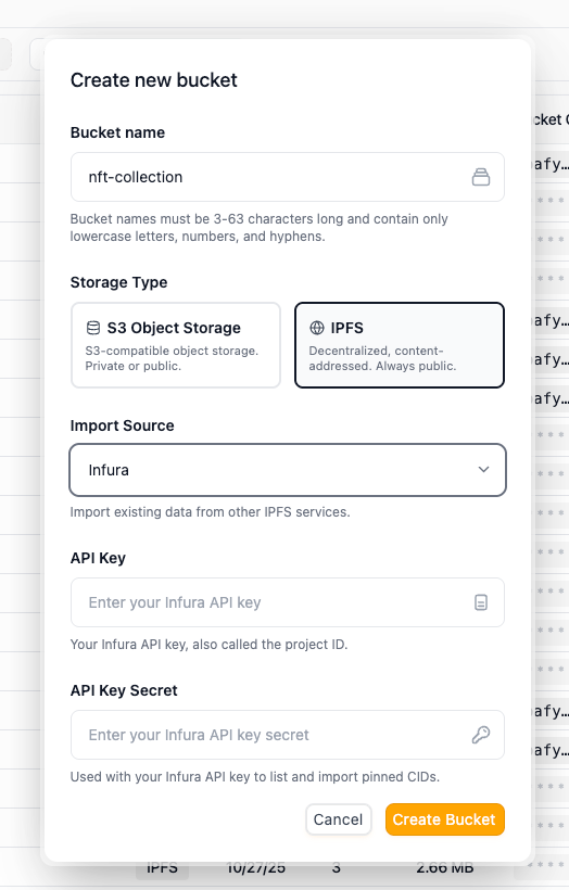 Screenshot showing the Filebase Infura import workflow