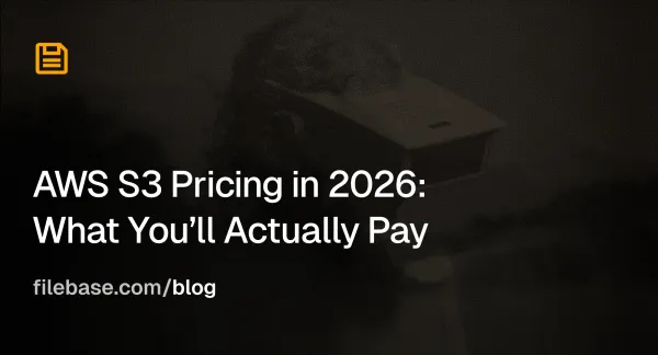 AWS S3 pricing article feature image with Filebase branding on a dark background.