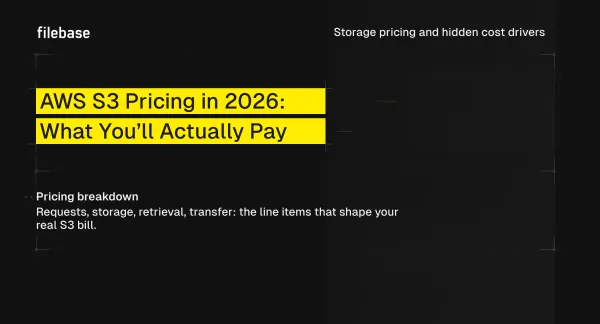 AWS S3 pricing article feature image with Filebase branding on a dark background.